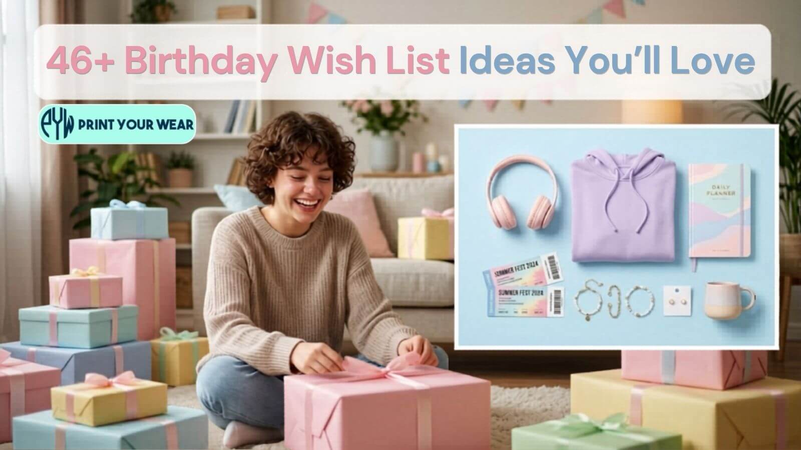 birthday wish list ideas collage with gifts, planner, hoodie and accessories