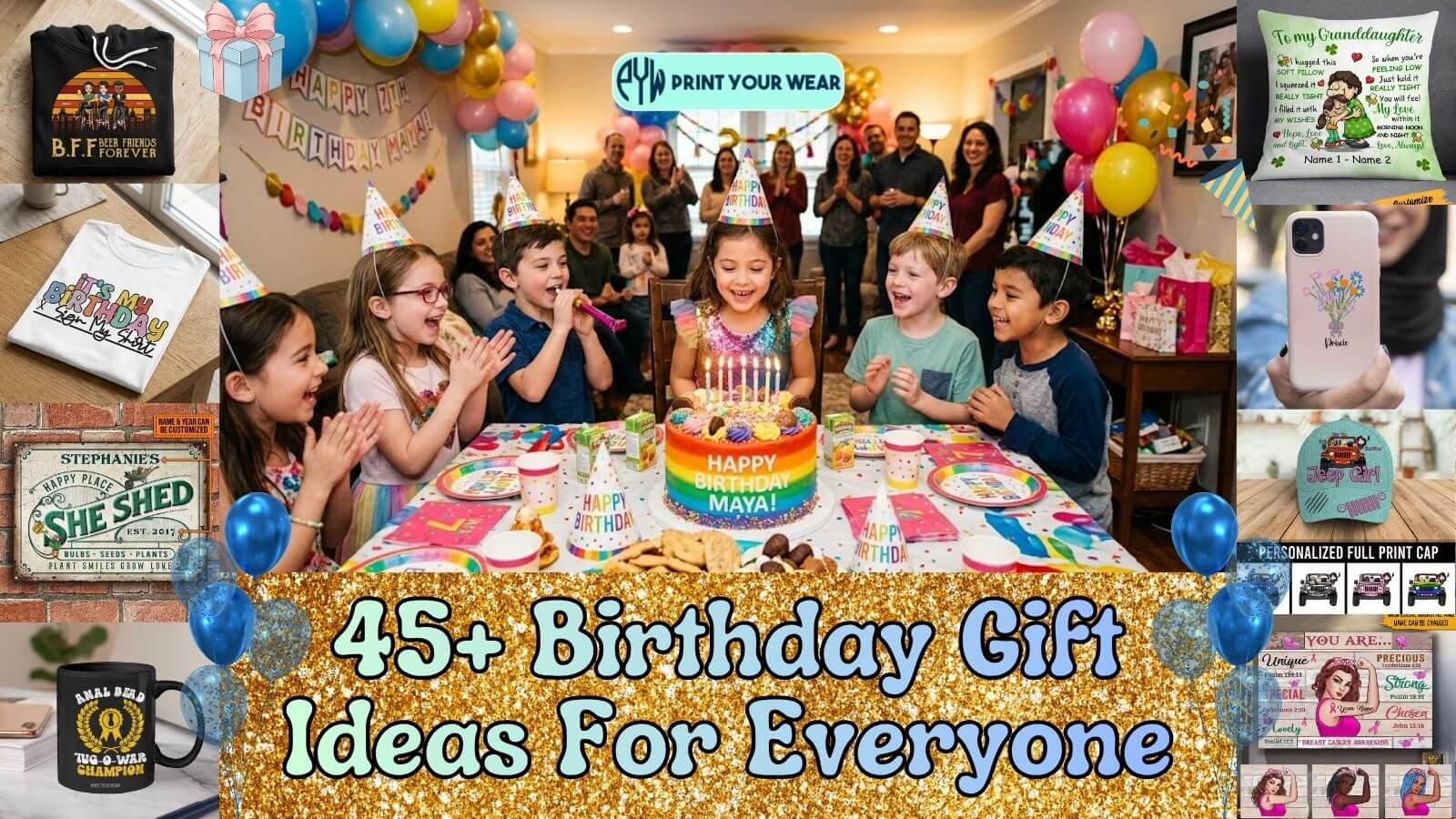 Birthday party collage featuring personalized gifts